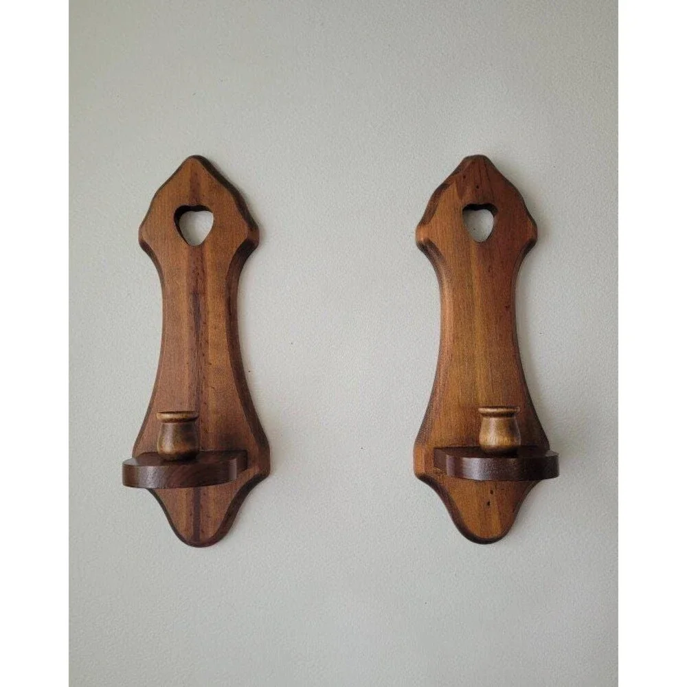 Vintage Heart Wood Wall Candle Sconce Set of 2 1980s
